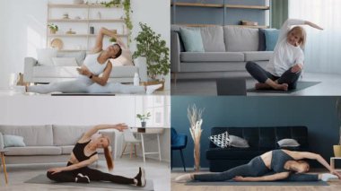 Ev ortamında esneklik ve dayanıklılık gösteren, çeşitli atletik egzersizler yapan bireylerden oluşan bir derleme. Her insan hayat dolu bir yaşam tarzına katkıda bulunur..