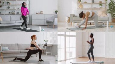 İçerde çeşitli egzersizler yapan bir grup atletik insan. Her insan kendine has bir egzersiz rutini sergiler, rahat bir evde sağlıklı ve aktif bir yaşam tarzını teşvik eder..