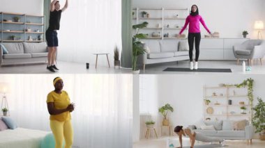 Parlak bir iç mekanda farklı egzersizler yapan atletik bireylerden oluşan bir grup..