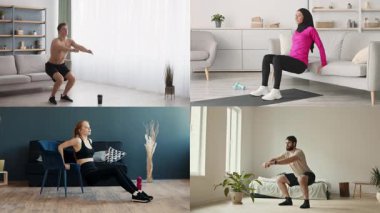 Ev ortamlarında farklı fitness egzersizleri yapan bireylerden oluşan bir derleme. Etkinlikler arasında çömelme, sandalyeden düşme ve esneme, herkes için sağlıklı bir yaşam tarzı geliştirme yer alıyor..
