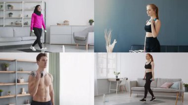 Modern bir ev ortamında, farklı geçmişlere sahip bireyler farklı atletik egzersizler yaparlar. Her insan ağırlık ve hareketlerle sağlıklı yaşam tarzları sergiler..