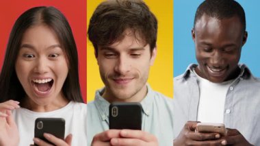 Üç kişi, kırmızı, sarı ve mavi arka planlara karşı akıllı telefonlarını kullanırken neşe ve ilgi gösteriyor. İfadeleri, aletleriyle heyecan ve bağlılığı yansıtıyor..