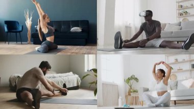 Şık evlerde farklı egzersiz rutinleri yapan bireylerden oluşan bir derleme. Her insan, sağlıklı bir yaşam tarzını destekleyen eşsiz bir atletik aktivite sergiler..