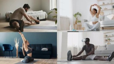 Bir grup atletik insan içeride farklı egzersizler yapıyor..