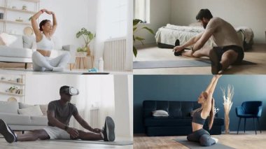 Dört birey yaşam alanlarında farklı sporlar yapıyor. Bir kadın esniyor, bir erkek yoga yapıyor, diğeri sanal gerçekliği kullanıyor ve bir kadın paspas üzerinde egzersiz yapıyor..