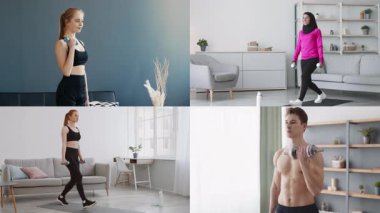 Farklı geçmişlerden, ev ortamlarında egzersiz yapan bireylerden oluşan bir derleme. Ağırlık kullanıyorlar ve sağlıklı bir yaşam tarzı ve refahı destekleyen farklı fitness aktiviteleri yapıyorlar..