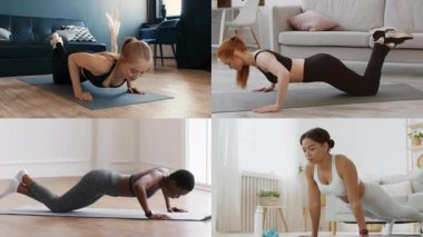 Dört birey evlerinde çeşitli atletizm egzersizlerine katılıyorlar, dayanıklılık ve zindelik gösteriyorlar. Her kişi farklı hareketler sergiliyor, aktif bir yaşam tarzı sağlıyor..