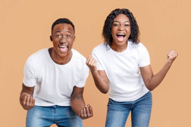 Sarı stüdyo arka planında zaferi kutlayan mutlu siyah çift yumruklarını sıkarak ve çığlık atarak, panorama. Duygusal Afrikalı Amerikalı erkek ve kadın kazananlar mutluluğu ifade ediyor.