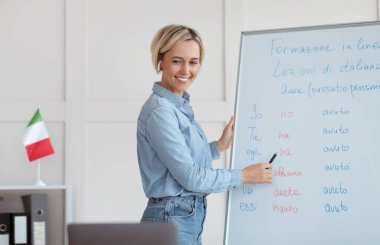 Çevrimiçi yabancı dil okulu. Kendine güvenen genç öğretmen internette İtalyanca öğretiyor, dizüstü bilgisayarda dilbilim dersi veriyor. İnternetteki öğrencilere temel dil bilgisi kurallarını açıklayan pozitif kadın öğretmen