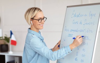 Online Fransızca dersi sırasında karatahtaya dil bilgisi kuralları yazan arkadaş canlısı bayan öğretmen. İnternette yabancı dil öğreten genç bir öğretmen. Uzaktan eğitim ve öğretim kavramı