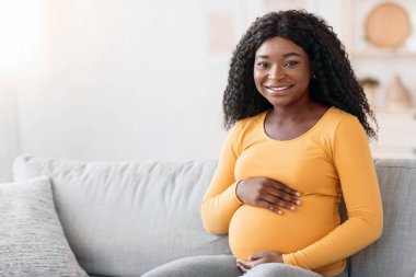 Güzel hamile Afrikalı Amerikalı kadın evdeki kanepede dinleniyor, kameraya gülümsüyor, fotokopi çekiyor. Hamileliğinin tadını çıkaran, oturma odasındaki kanepede oturan mutlu siyahi bir kadın.