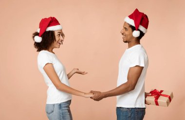 Yılbaşı arifesinde hediye vermek ve romantik bir sürpriz. Noel Baba şapkalı genç Afrikalı Amerikalı bir adam arkasında bir hediye saklıyor, şaşırmış bir kadın elini tutuyor, arka planda izole edilmiş, stüdyo çekimi.