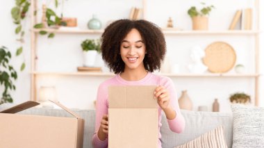 Alışverişin, online alışverişin ve paket teslimatın tadını çıkar. Neşeli bin yıllık güzel Afro-Amerikan kadın, konforlu oturma odasının iç kısımlarında karton kutular açtı.