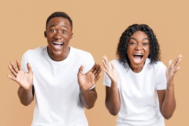 Şaşırmış siyah çift çığlık atıyor ve ellerini kaldırıyor, şaşkınlık, mutluluk ve başarıyı ifade ediyorlar. Afrikalı Amerikalı duygusal erkek ve kadın sarı stüdyo arka planında el kol hareketi yapıyorlar.