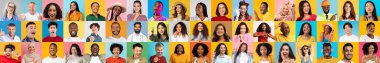 Değişik geçmişleri temsil eden, mutluluğu ifade eden canlı bir yüz koleksiyonu. Renkli zemin, bireyler arasındaki çeşitlilik ve birlik ruhunu artırır..