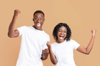 Afrikalı-Amerikalı ortaklar sarı stüdyo arka planında yan yana durarak başarıyı, yumruklarını sıkmayı ve haykırmayı kutluyorlar. Mutlu siyahi çiftler başarıyı kutluyor, iyi haberleri var.