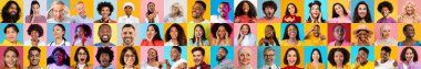 Bu canlı kolaj, gülümseyen ve mutluluğu ifade eden çok ırklı bir grup bireyi gösteriyor. Canlı renkler, insanlar arasındaki farklılığı ve bağlantıyı kutlayan neşeli bir atmosfer yaratıyor..