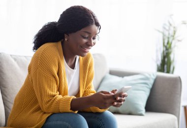 Evdeki kanepede oturan, akıllı telefon kullanan, arkadaşlarıyla ya da sevgilileriyle sohbet eden, fotokopi alanı olan bir panorama. Cep telefonu tutan mutlu Afrikalı Amerikalı kadın