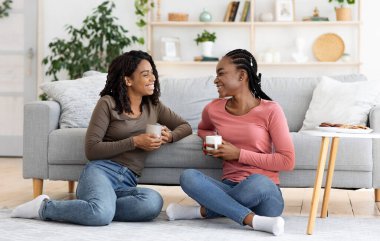 Gülümseyen Afro-Amerikan kankaları evde kahve içerken sohbet eden genç kadınlar oturma odasındaki koltukta oturup fotokopi çekiyorlar. Arkadaşlık, kardeşlik kavramı.