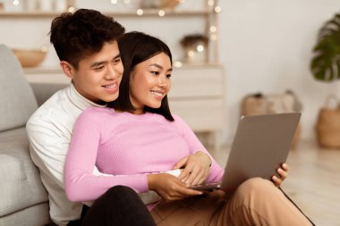 Mutlu Koreli Çiftler Dizüstü bilgisayar izleyip, hafta sonunun tadını çıkarıyor ve evde yerde dinleniyor. 