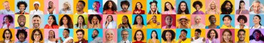 Canlı bir kolaj, renkli arka planlara karşı gülümseyen ve neşeyi ifade eden çeşitli yüzlerden oluşan bir grup sunar. Her bir portre eşsiz kültürleri ve toplumun özünü yansıtır..