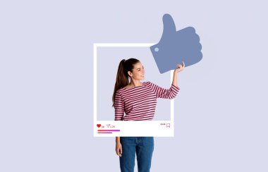 Genç bir kadın, sosyal medya çerçevesinde başparmağını öne uzatırken aynı heyecanı paylaşıyor. Oyuncu arkaplan, içerik yaratıcısı ve etkileyicisi olarak rolünün altını çiziyor.