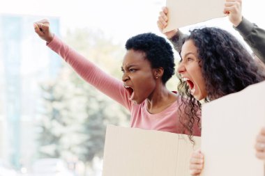 Boş pankartlarla slogan atan ve yumruklarını kaldıran çok ırklı genç bayanların yan görünüşü, kopya alanı olan panorama. Sokaklarda grev yapan uluslararası bir grup genç öğrenci