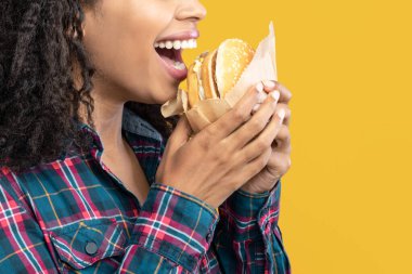 Oburluk. Yan Görünüm: Aç Afro-Amerikan Kadın Hamburger Yiyen Portre. Siyahi Bayan Tutma ve Isırma Lezzetli Fast Food, Portakal Stüdyosu Arkaplan, Sancak, Kopya Alanı