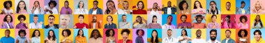 Bu kolaj farklı arkaplanlardan canlı bir yüz koleksiyonunu içeriyor, hepsi renkli arkaplanlara karşı neşeli ifadeler sergiliyor, çeşitliliği ve bağlantıyı kutluyor..
