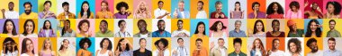 Değişik bireylerin mutluluk ve sıcaklığı ifade ettiği canlı bir portre koleksiyonu. Her yüz, renkli arkaplanlara karşı çeşitliliği yansıtan eşsiz bir arkaplanı temsil eder..