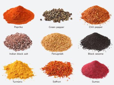 Baharat beyaz arka plan üzerinde adlarla çeşitleri