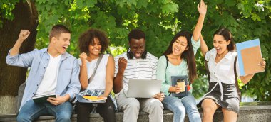 Kabul edilen öğrenciler. Neşeli Çokkültürlü Gençler Laptop ile Başarı Kutlaması Başarılı Sınav Geçişi, Panorama