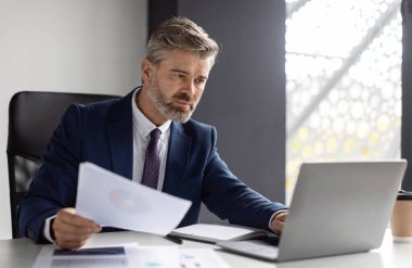 Busy Mature Businessman Working With Laptop And Documents In Office, Handsome Middle Aged Male Entrepreneur Sitting At Desk With Computer, Checking Company Financial Reports, Free Space