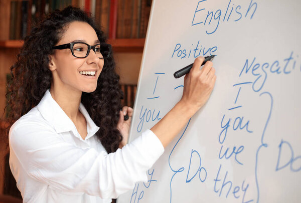 Lecture Concept. Closeup portrait of cheerful smiling female tutor in spectacles teaching English language, writing grammar rules on whiteboard with marker, explaining new theme to students
