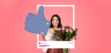 Neşeli bir nüfuzlu, başparmağını kaldırırken canlı bir buket tutuyor. Parlak pembe arka plan enerji katıyor, içeriği online olarak paylaşma ve takipçilerle iletişim kurma hevesini vurguluyor.