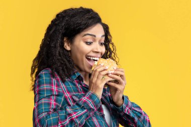 Hamilelik sırasında fast food. Aç Afrika kökenli hamile Amerikalı Burger Yiyen Kadın portresi. Turuncu Stüdyo Arkaplanında Isıran ve Isıran Komik Zenci Kadın Sandviçi Tutarken Heyecanlı