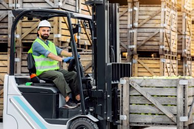 Depo servisi, siparişler, markete dağıtım ve çiftçi pazarı. Milenyum sakallı neşeli adam forklift sürücüsü arka plandaki raflarda meyveleri kaldırıyor.