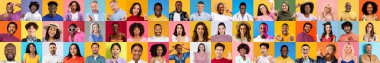 Çeşitli bireylerden oluşan canlı bir koleksiyon, parlak arka planlara karşı çeşitli ifadeler ve stiller sergiliyor. Bu yaşam tarzı portresi çeşitliliği ve çeşitliliğin güzelliğini vurgular..