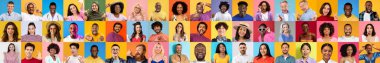 Çeşitli yaşam tarzlarını temsil eden, parlak ve renkli geçmişlere karşı neşe ve birlik gösteren farklı yüzlerden oluşan bir kolaj. Her portre benzersizliği ve birlikteliği vurgular..