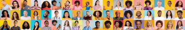 Renkli arka planlara karşı neşe ve arkadaşlığı ifade eden çeşitli geçmişlere sahip insanları gösteren canlı bir portre koleksiyonu..