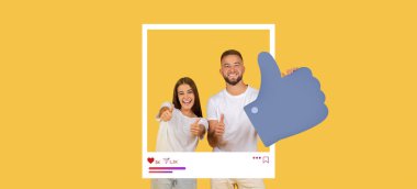 İki neşeli birey, sosyal medya platformlarında olumlu katılımı kutlayan, parlak, sarı bir arka planda başparmaklarıyla poz veriyorlar. İfadeleri heyecan ve bağlantıyı yansıtıyor.