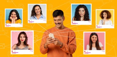 Kadın profilleriyle çevrili akıllı telefonu kullanan bir adam gülümsüyor. Renkli arkaplan, dijital bağlantıların ve bağlılığın canlı atmosferini artırıyor.