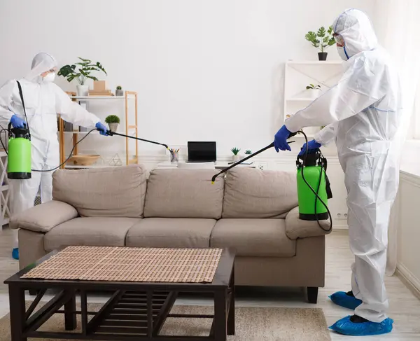 Temizlik servisi. Koruyucu elbiseli işçiler evinizi kimyasallarla dezenfekte ediyorlar.