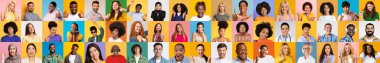 Canlı bir koleksiyonda çeşitli bireylerden oluşan bir grup, gülümseyen ve neşeli ifadeler sergiliyor. Her kişi renkli ve izole arkaplanlara karşı farklı arkaplanları temsil ediyor.