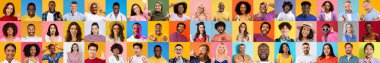 Renkli arka planlara karşı çeşitli arka planlardan gülümseyen bireylerden oluşan canlı bir kolaj. Her insan günlük hayatta çeşitliliğin güzelliğini vurgulayarak neşe ve bağlantı ifade eder..