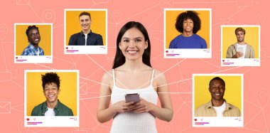 Genç bir kadın, gülümseyen arkadaşlarının renkli profil resimleriyle çevrili telefonunu tutarken gülümsüyor. Parlak bir arkaplanda sosyal medya etkileşimine giriyorlar..