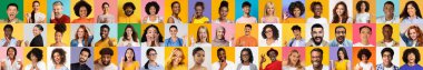 Yüzlerden oluşan canlı bir koleksiyon çeşitli arka planlardan gülümseyerek ve çekici bireyler sergiliyor..