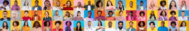 Neşe ve kişilik ifade eden çeşitli, çok ırklı kişilerden oluşan canlı bir kolaj..
