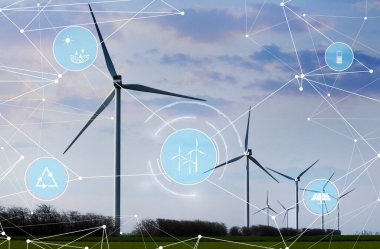 Çevre dostu elektrik. Enerji üretimi dijital simgeleri ile rüzgar türbinleri
