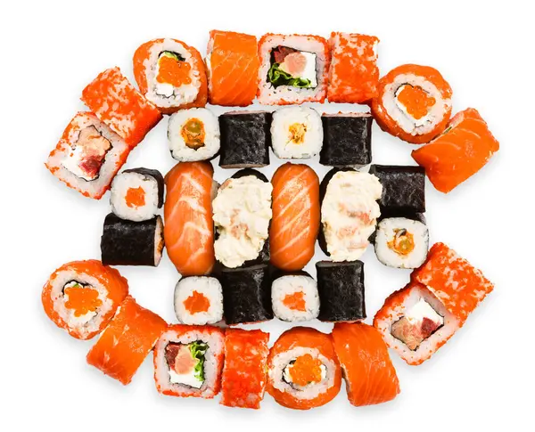 Japon gıda restoran teslimat - suşi maki california gunkan somon görünümünün üzerinde beyaz arka plan ayarlamak izole tabağı rulo.